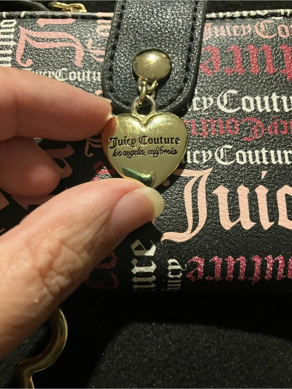 Juicy Couture Gothic Monogram Bifold Wallet Pink Black Heart Charm Y2K Style